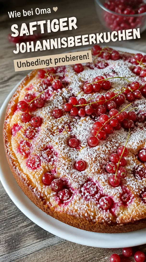 Saftiger Johannisbeerkuchen auf einem Teller, dekoriert mit frischen Johannisbeeren