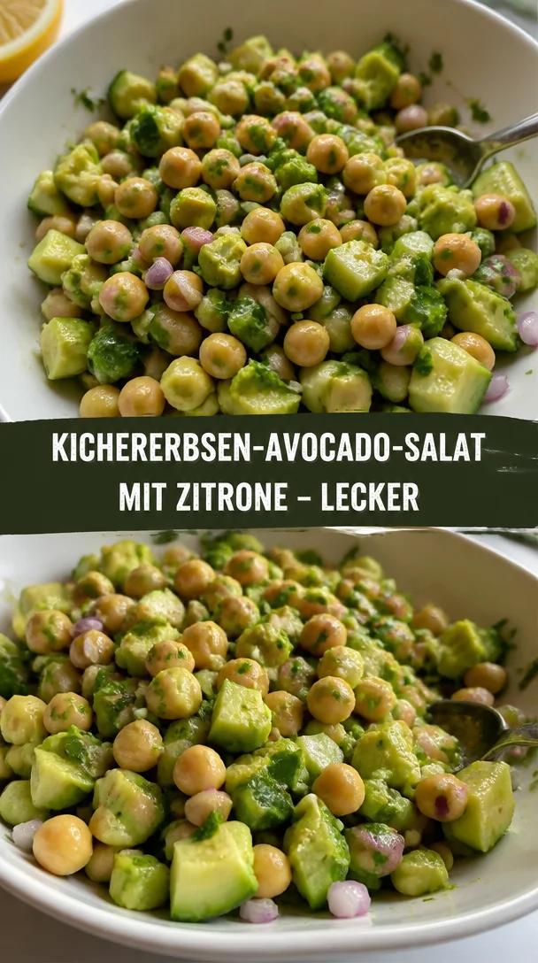 Kichererbsen-Avocado-Gurkensalat mit Zitronen-Dressing auf einem Teller