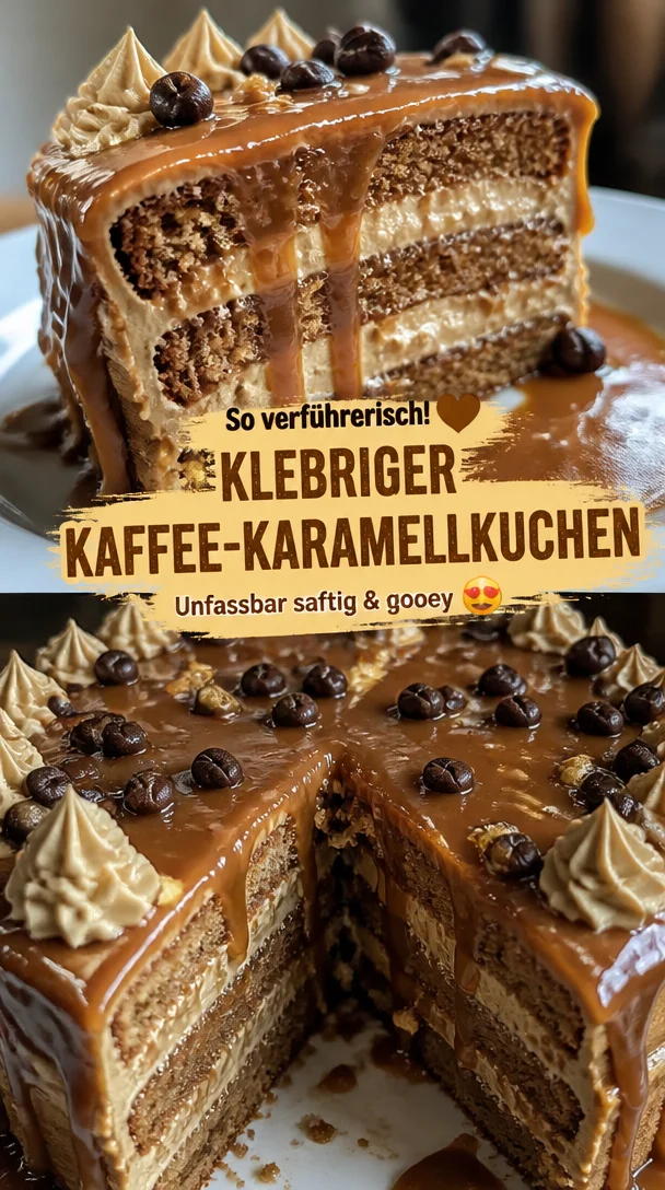 Klebriger Kaffee-Karamellkuchen auf einem Teller mit Kaffeetasse