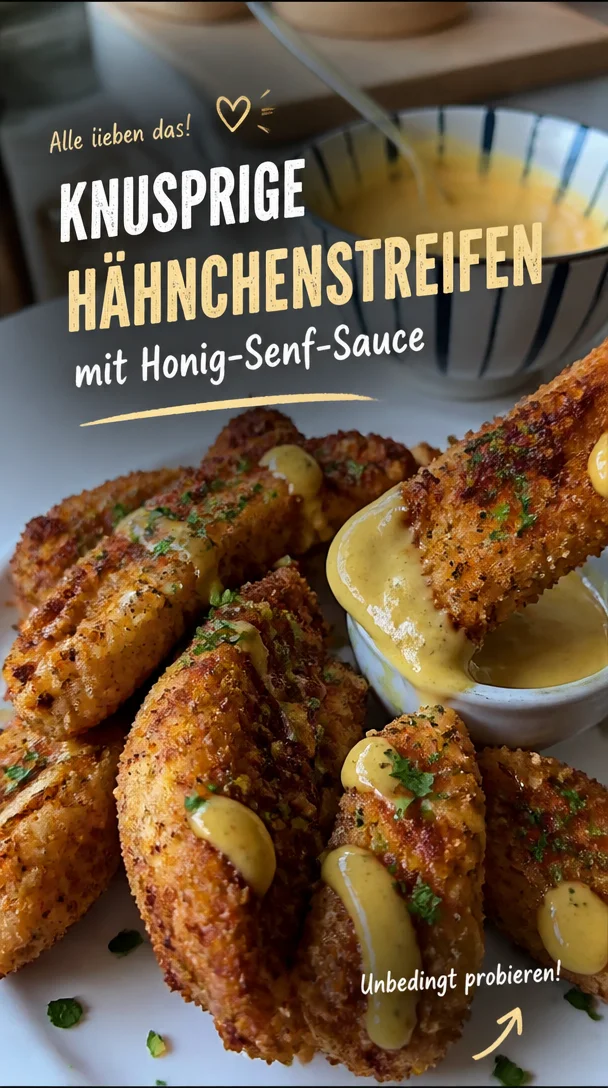 Knackige Hähnchenstreifen mit Honig-Senf-Sauce auf einem Teller serviert