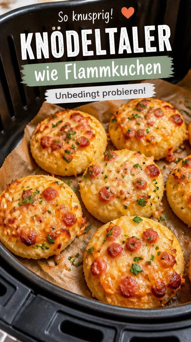 Knödeltaler im Flammkuchen-Stil, knusprig und würzig serviert
