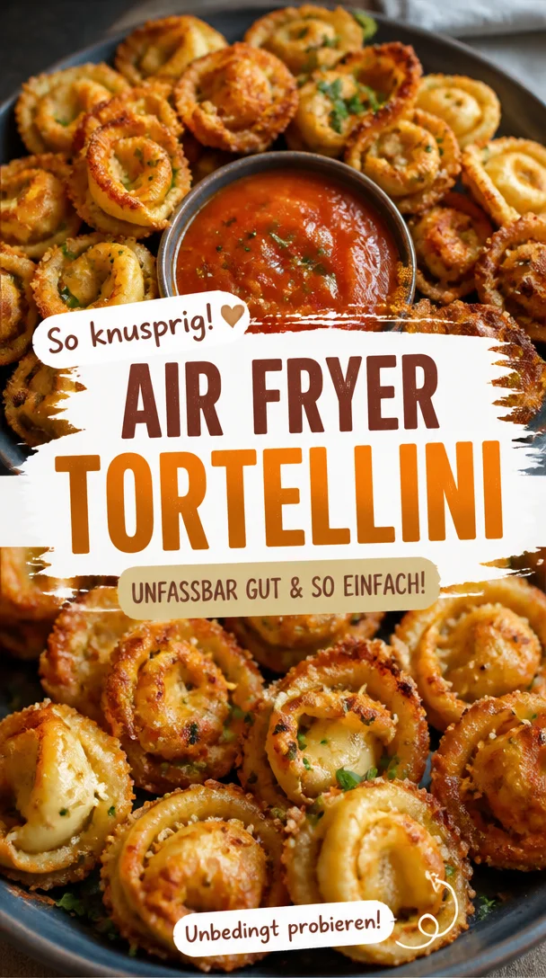 Knusprige Air Fryer Tortellini, serviert auf einem Teller mit frischem Basilikum.