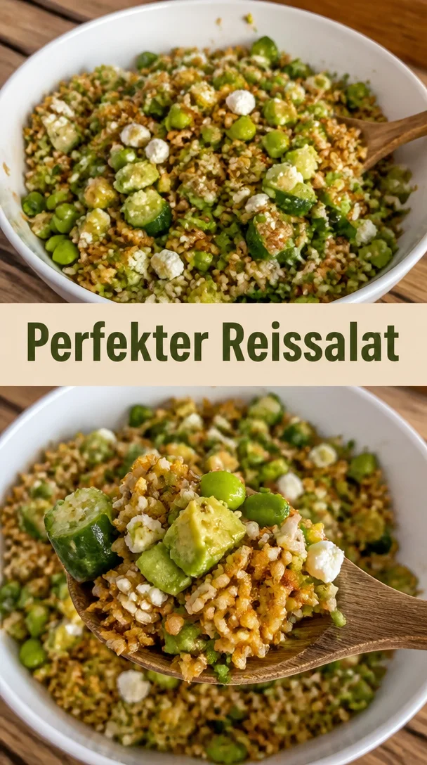 Knuspriger Reissalat perfekt für Picknick, frisch und schmackhaft zubereitet.