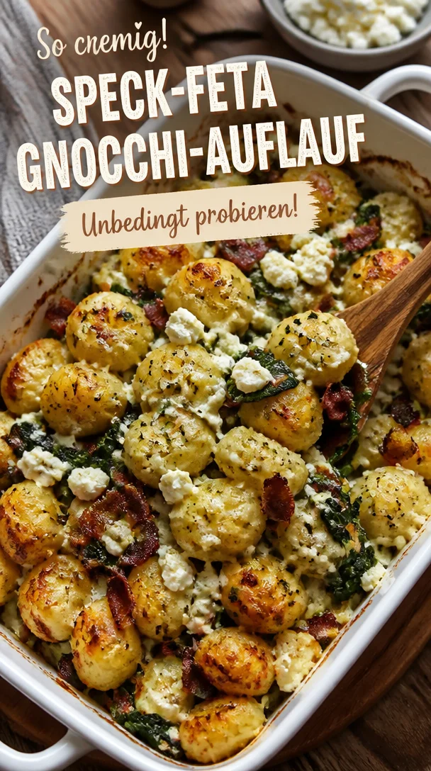 Feta Gnocchi-Auflauf mit knusprigem Speck in einer Auflaufform