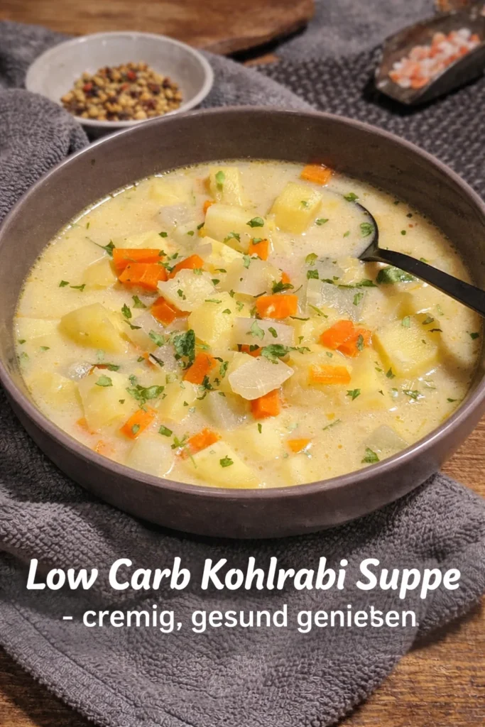 Schüssel mit cremiger Low Carb Kohlrabi Suppe, gesund und lecker genießen