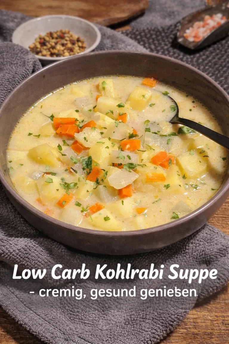 Schüssel mit cremiger Low Carb Kohlrabi Suppe, gesund und lecker genießen