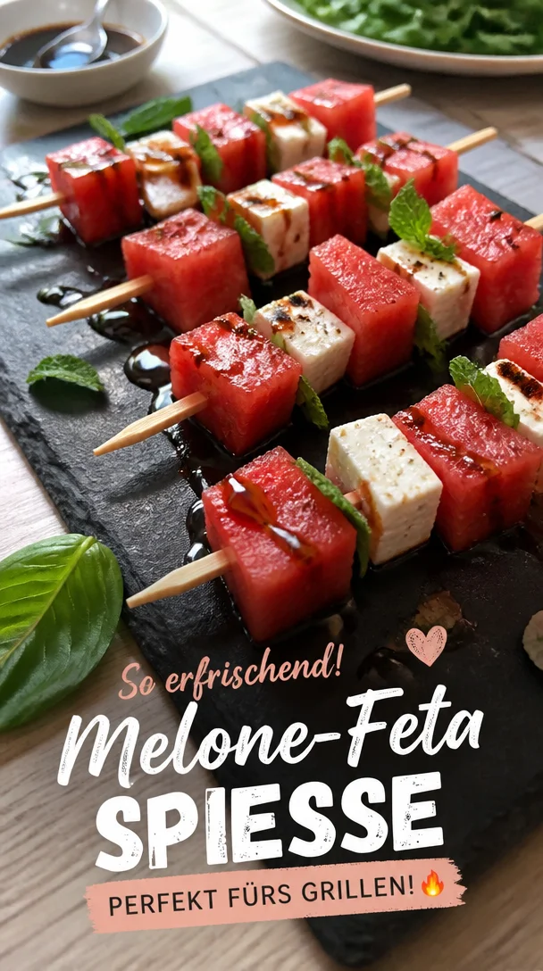 Melone-Feta-Spieße auf einem Grillteller, ideal für Sommerpartys