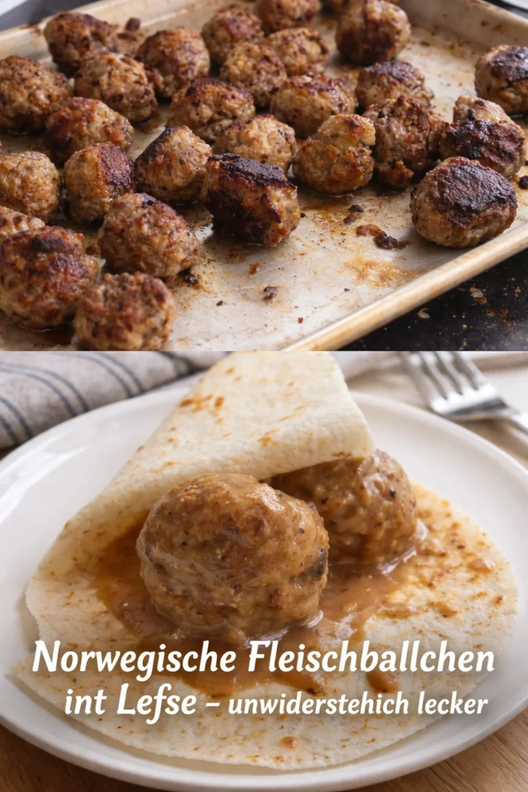 Norwegische Fleischbällchen mit Lefse auf einem Teller serviert