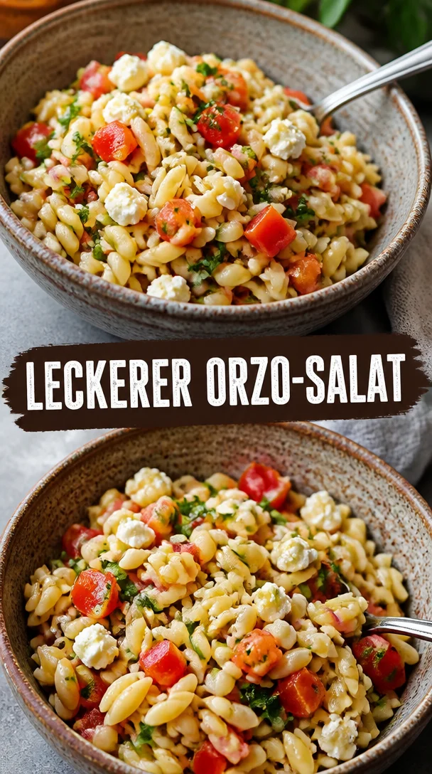 Schüssel mit farbenfrohem Orzo-Nudelsalat aus frischem Gemüse