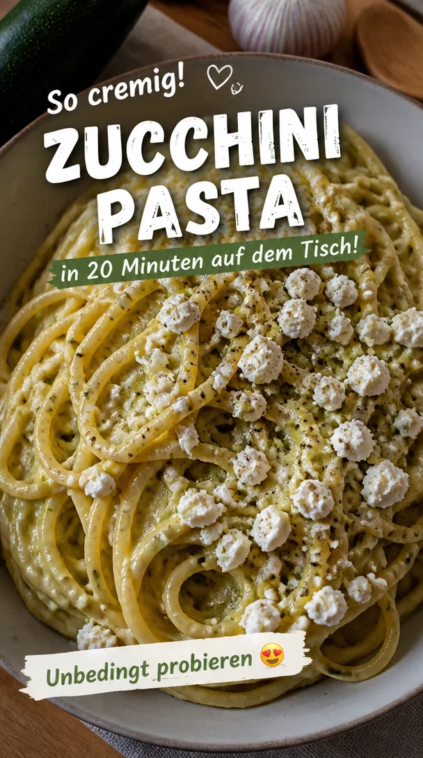 Pasta mit cremiger Zucchini-Sauce auf einem Teller angerichtet