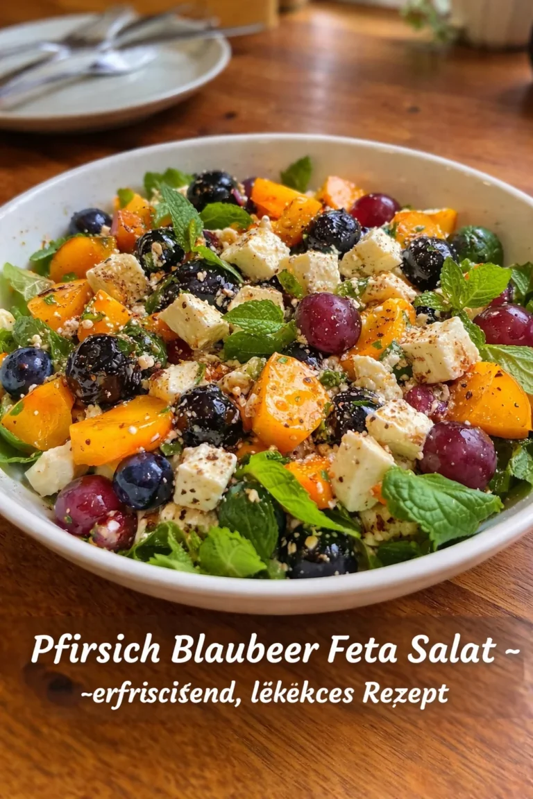 Pfirsich Blaubeer Feta Salat mit frischen Zutaten auf einem Teller