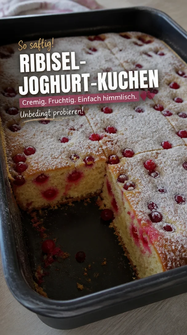 Saftiger Ribisel-Joghurt-Blechkuchen mit cremigem Topping auf einem Blech.
