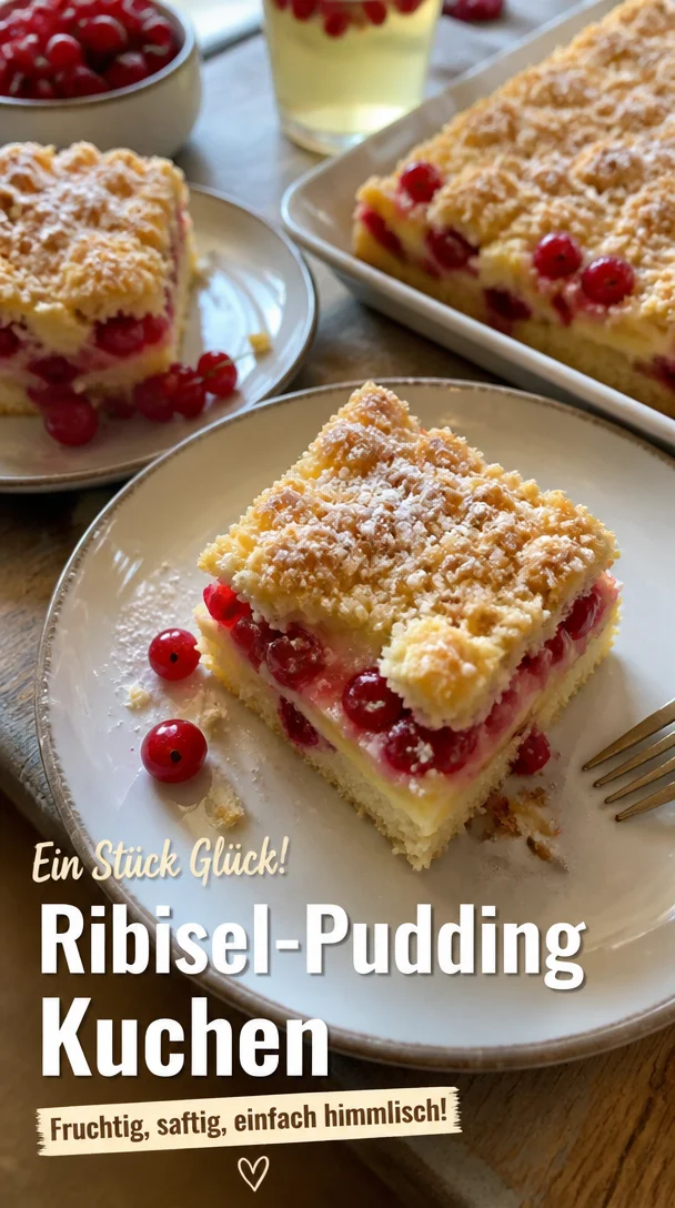 Saftiger Ribisel-Pudding-Kuchen mit fruchtiger Ribiselglasur auf einem Teller