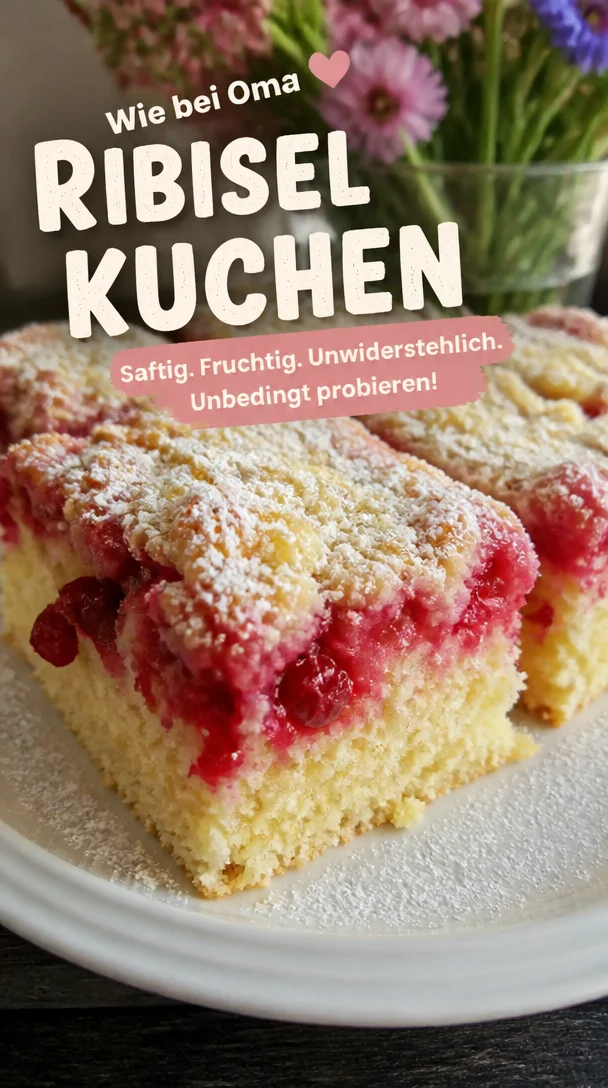 Saftiger Ribiselkuchen mit frischen Ribiseln auf einem weißen Teller