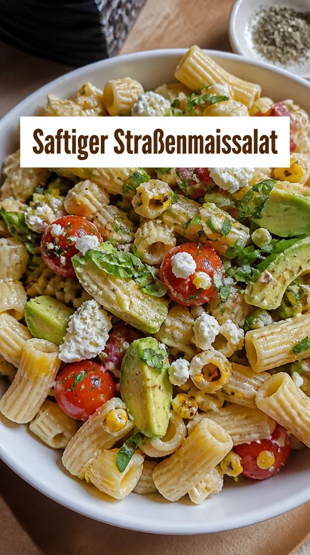 Saftiger Straßenmaissalat mit frischen Zutaten und würzigem Dressing.
