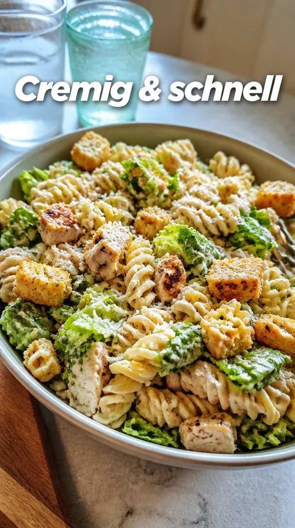 Schneller Hähnchen-Pasta-Salat in einer Schüssel serviert, gesund und lecker