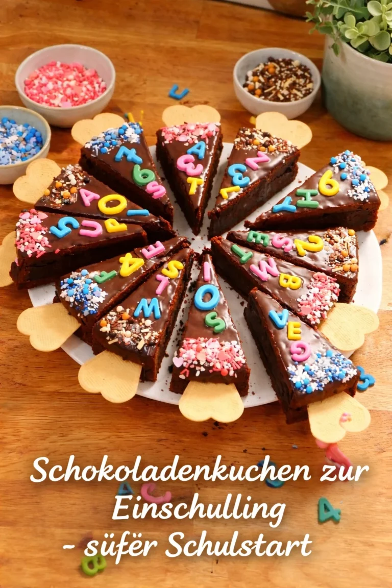 Leckerer Schokoladenkuchen zur Einschulung auf einem festlichen Tisch