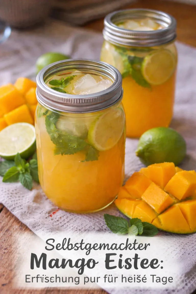 Selbstgemachter Mango Eistee in einem Glas, perfekt für heiße Tage