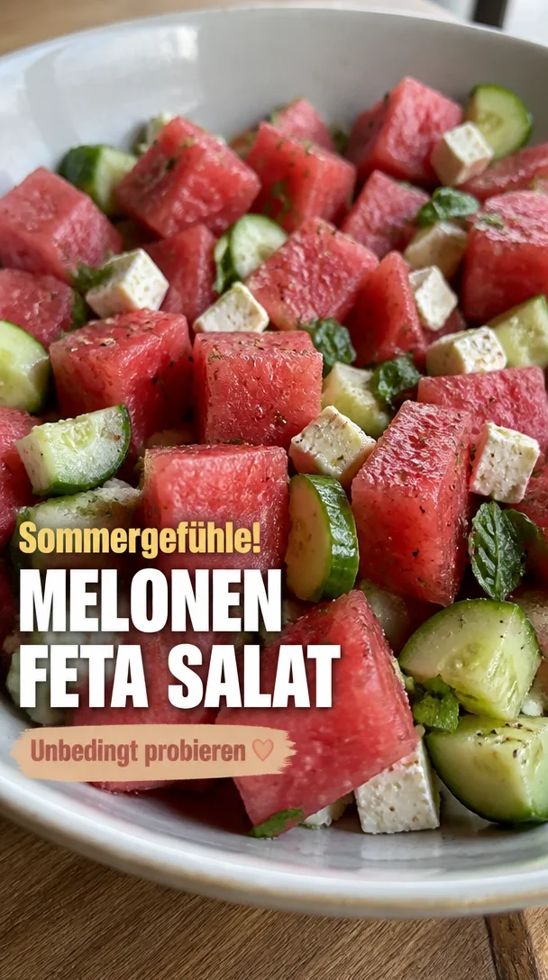 Erfrischender Wassermelonen-Gurke-Feta-Salat in einer Schüssel serviert