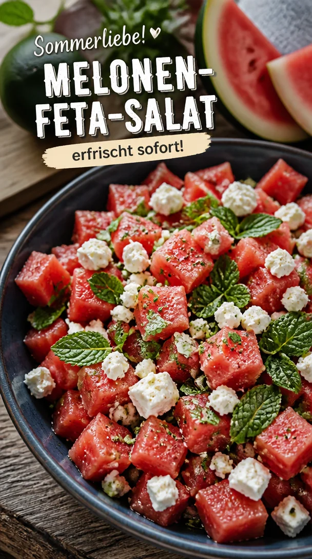Erfrischender Melonen-Feta-Salat mit Minze auf einem Teller