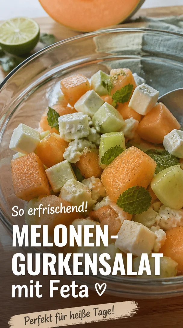 Frischer Melonen-Gurkensalat mit Feta und Kräutern auf einem Teller