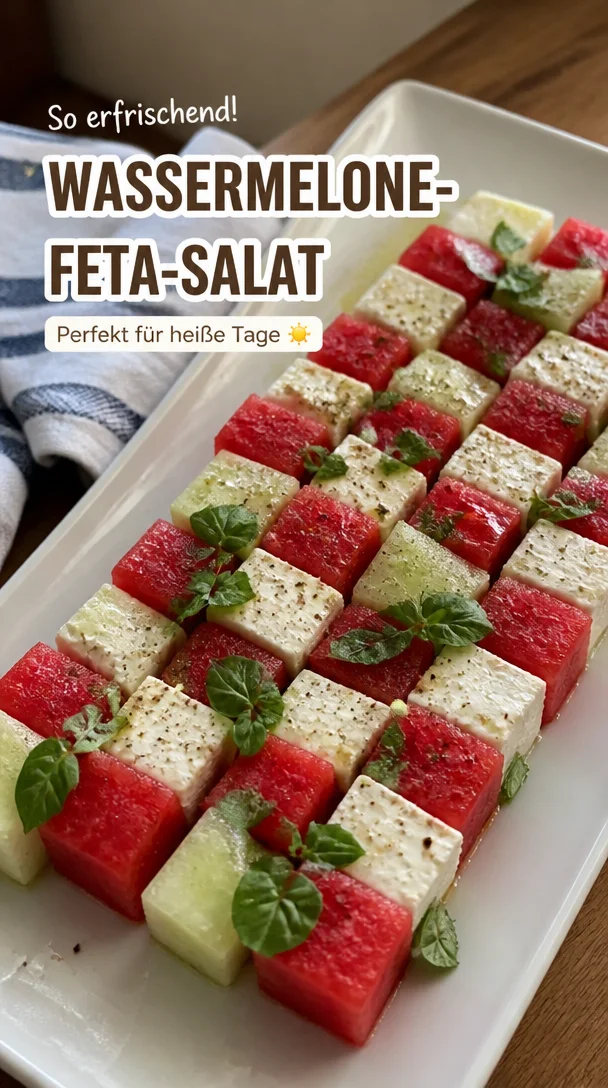 Erfrischender Wassermelonen-Feta-Salat auf einem Teller