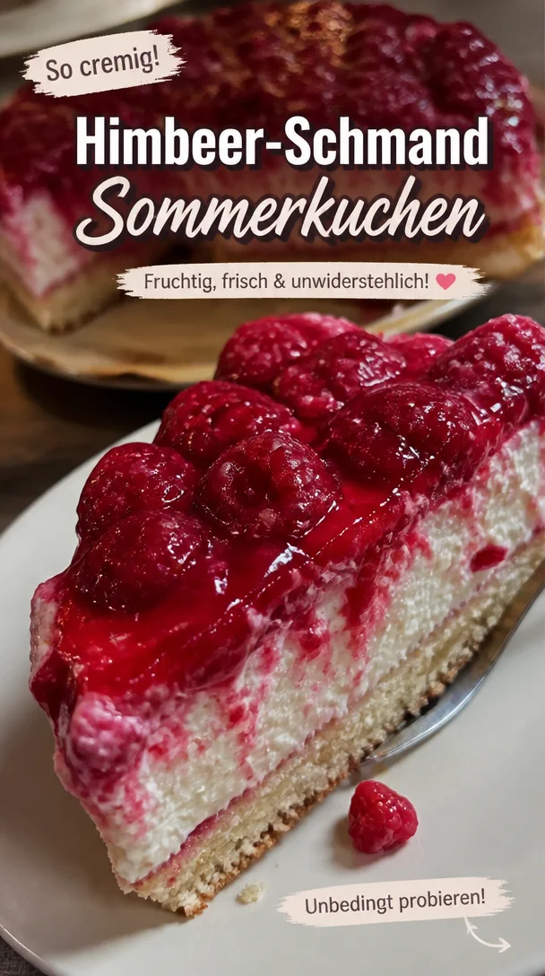 Cremiger Sommerkuchen mit Himbeeren und Schmand auf einem Teller