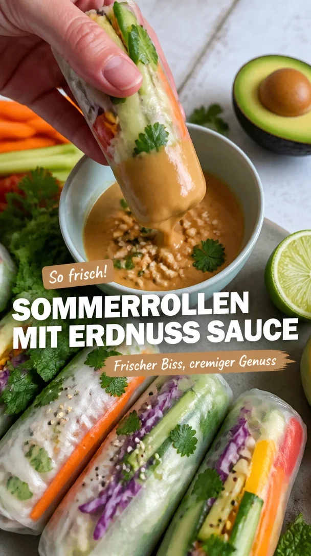 Leckere Sommerrollen mit Erdnusssauce auf einem Teller angerichtet