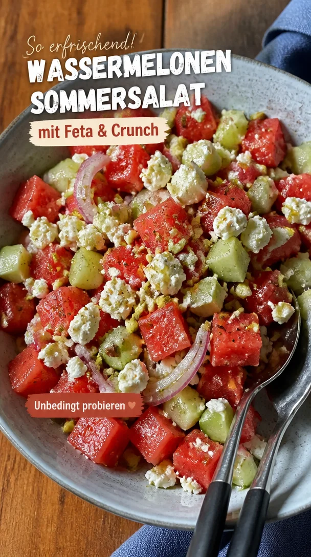 Erfrischender Sommersalat mit Wassermelone, Gurke und Feta auf einem Teller