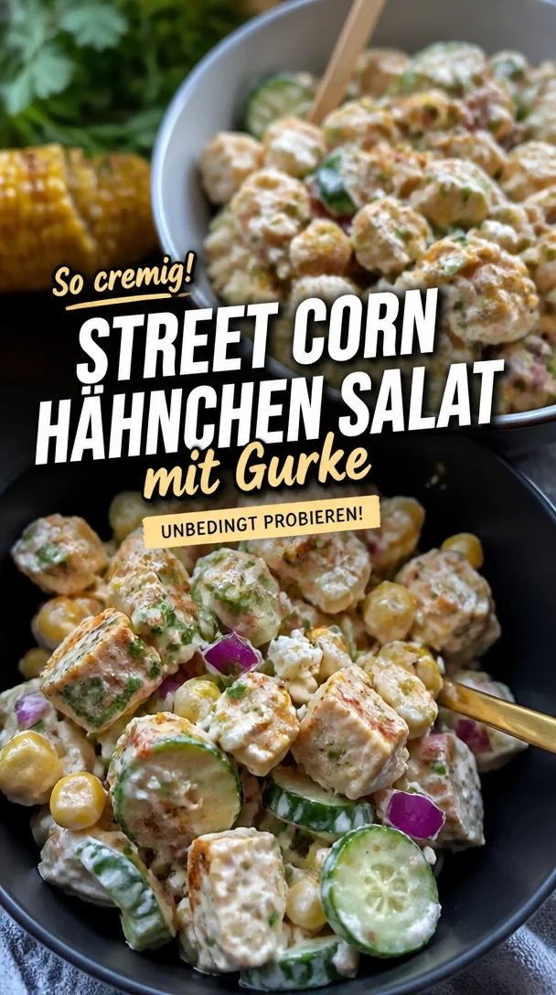 Cremiger Hühnchensalat mit Straßenmais und Gurken in einer Schüssel
