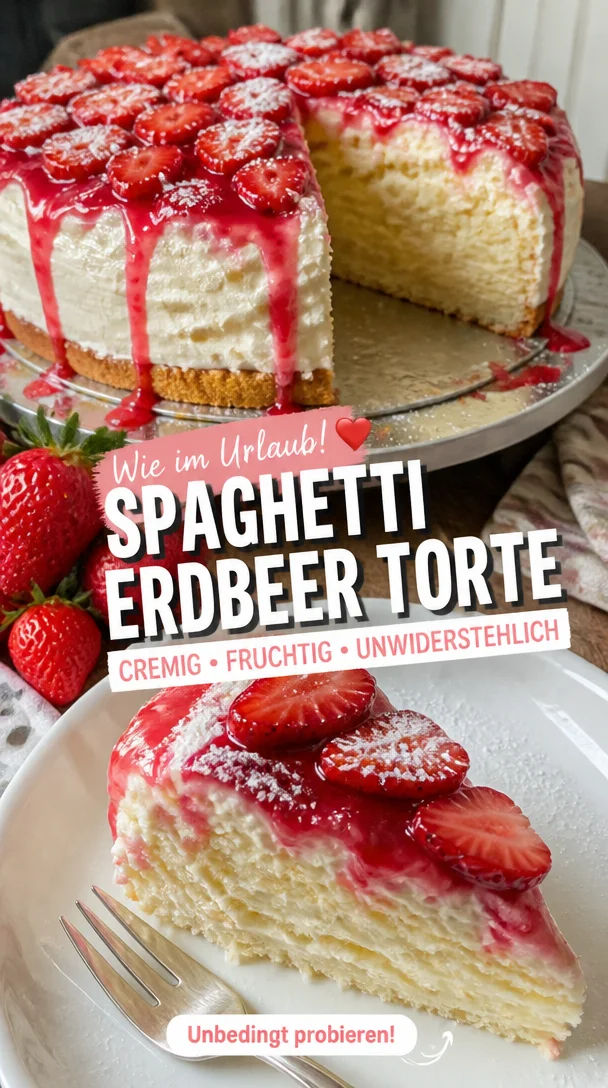 Süße Spaghetti Torte mit Mascarpone und Erdbeeren auf einem Teller