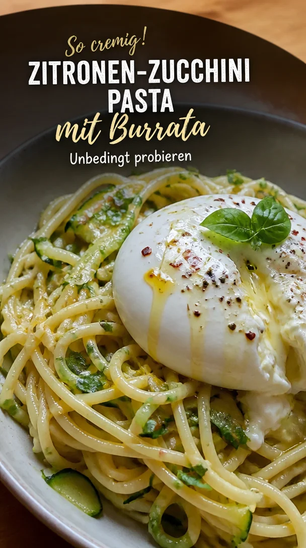 Cremige Zitronen-Zucchini-Pasta mit Burrata auf einem Teller serviert.
