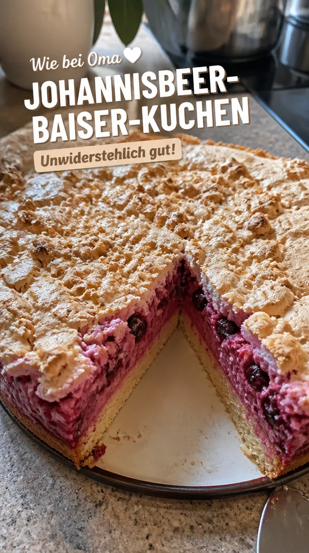 Verführerischer Johannisbeer-Baiser-Kuchen mit Baisertopping und frischen Johannisbeeren