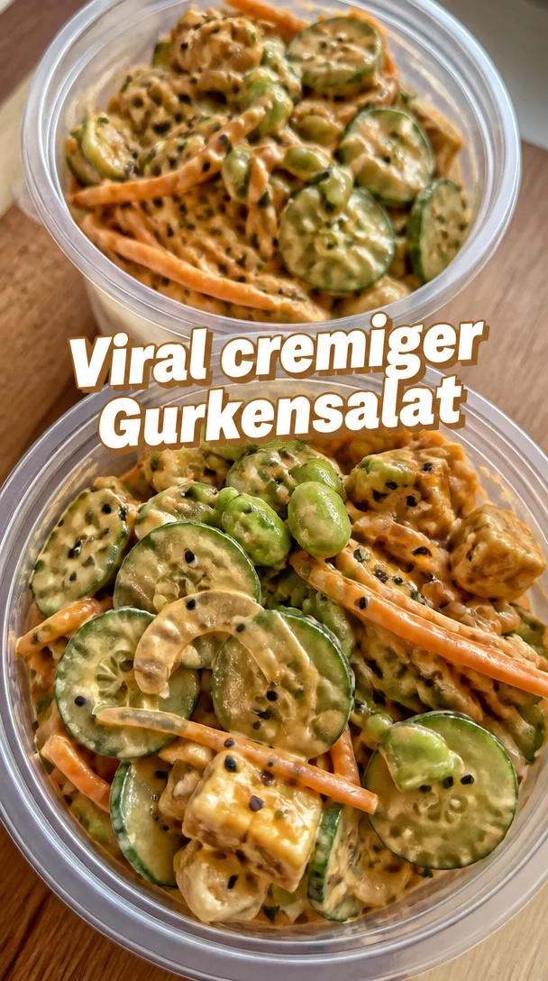 Cremiger asiatischer Gurkensalat mit frischen Zutaten und Dressing.