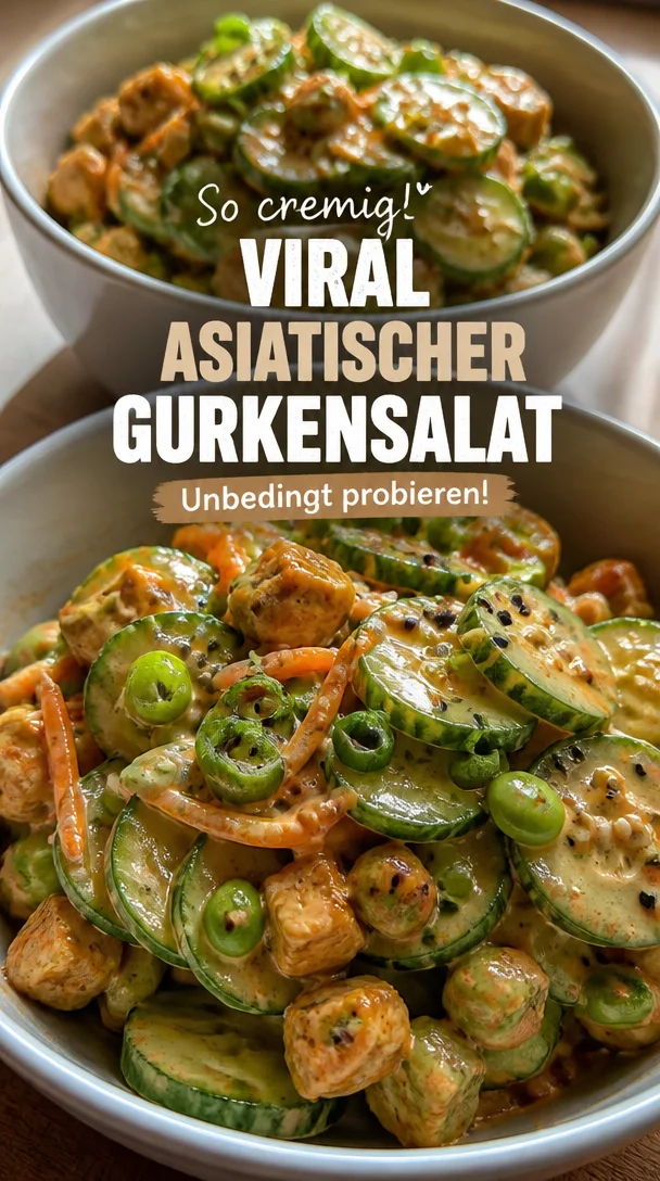 Cremiger asiatischer Gurkensalat in einer Schüssel, serviert mit frischen Zutaten