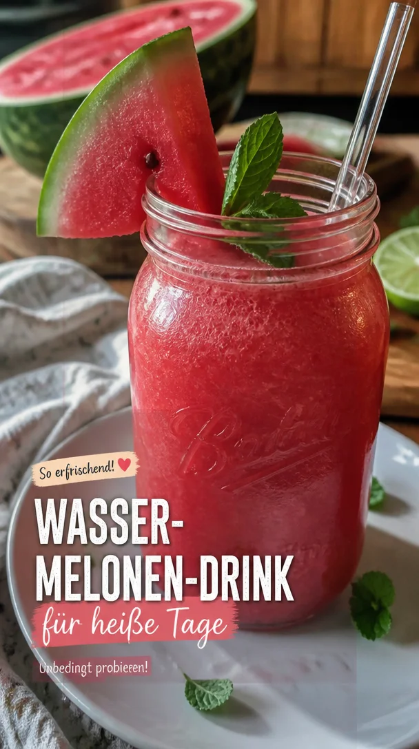 Erfrischender Wassermelonen-Drink in einem Glas mit frischen Wassermelonenstücken