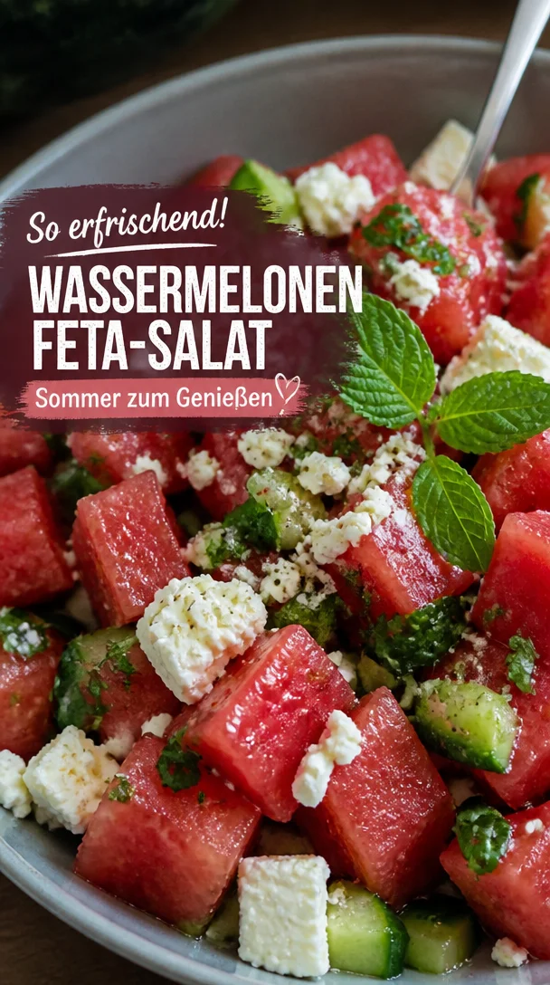 Wassermelonen-Feta-Salat mit frischen Zutaten auf einem Teller