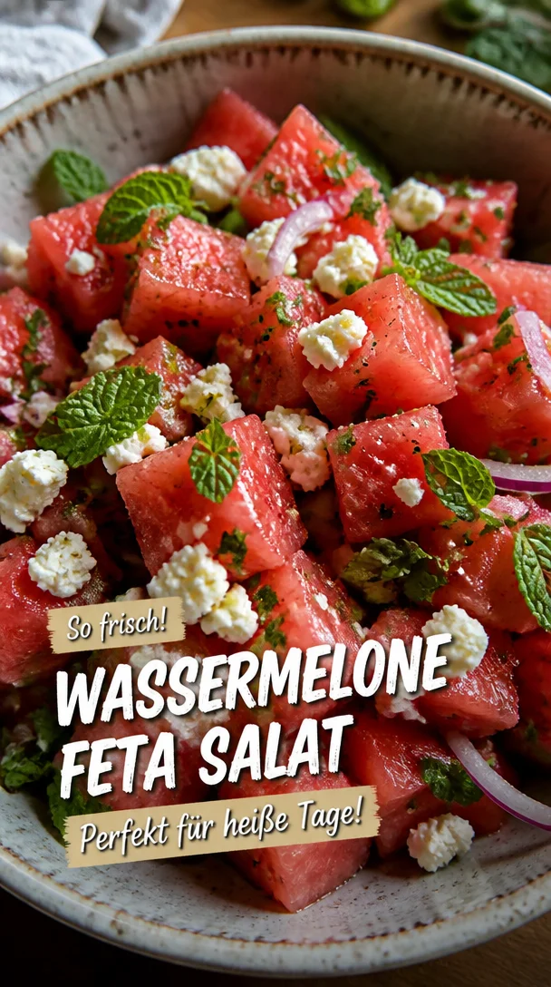Erfrischender Wassermelonen-Feta-Salat mit Minze auf einem Teller
