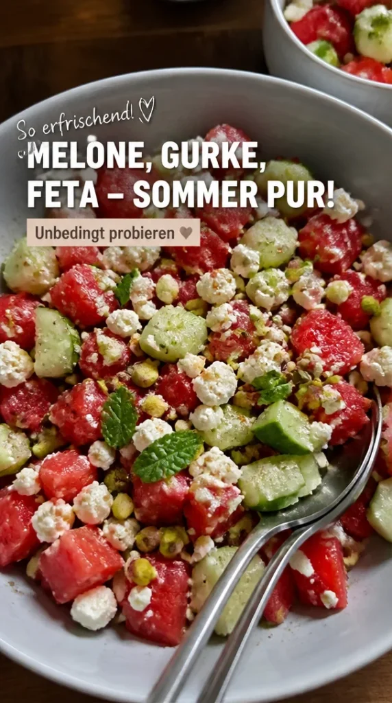 Erfrischender Wassermelonen-Gurken-Feta-Salat auf einem Teller