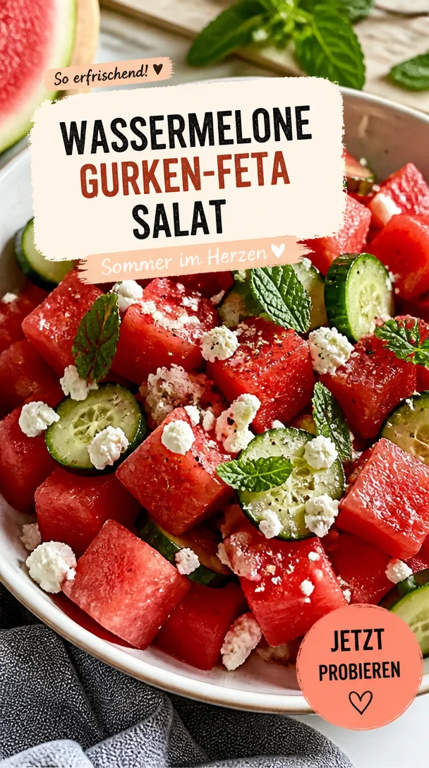Wassermelonen-Gurken-Salat mit Feta auf einem Teller, frisch und appetitlich angerichtet.