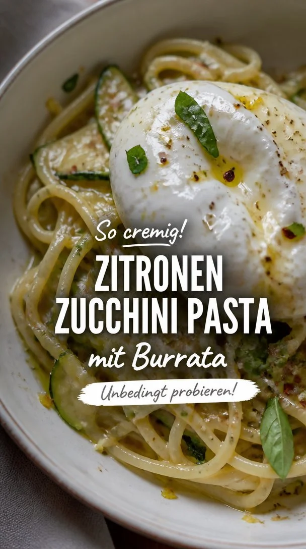 Zitronen-Zucchini-Pasta mit Burrata auf einem Teller, garnieret mit frischen Kräutern