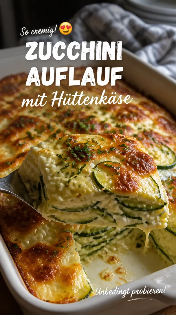 Cremiger Zucchini-Hüttenkäse-Auflauf frisch aus dem Ofen
