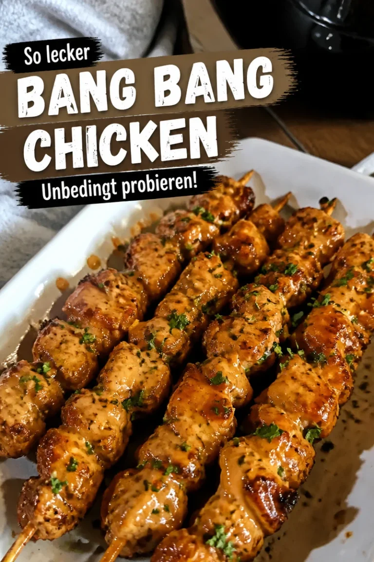 Air Fryer Bang Bang Chicken Spieße auf einem Teller serviert