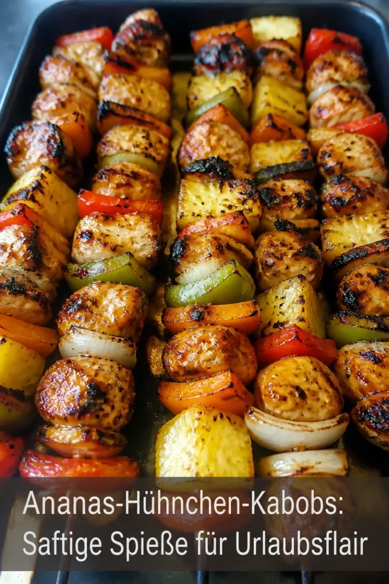 Saftige Ananas-Hühnchen-Kabobs auf Grillplatte serviert.