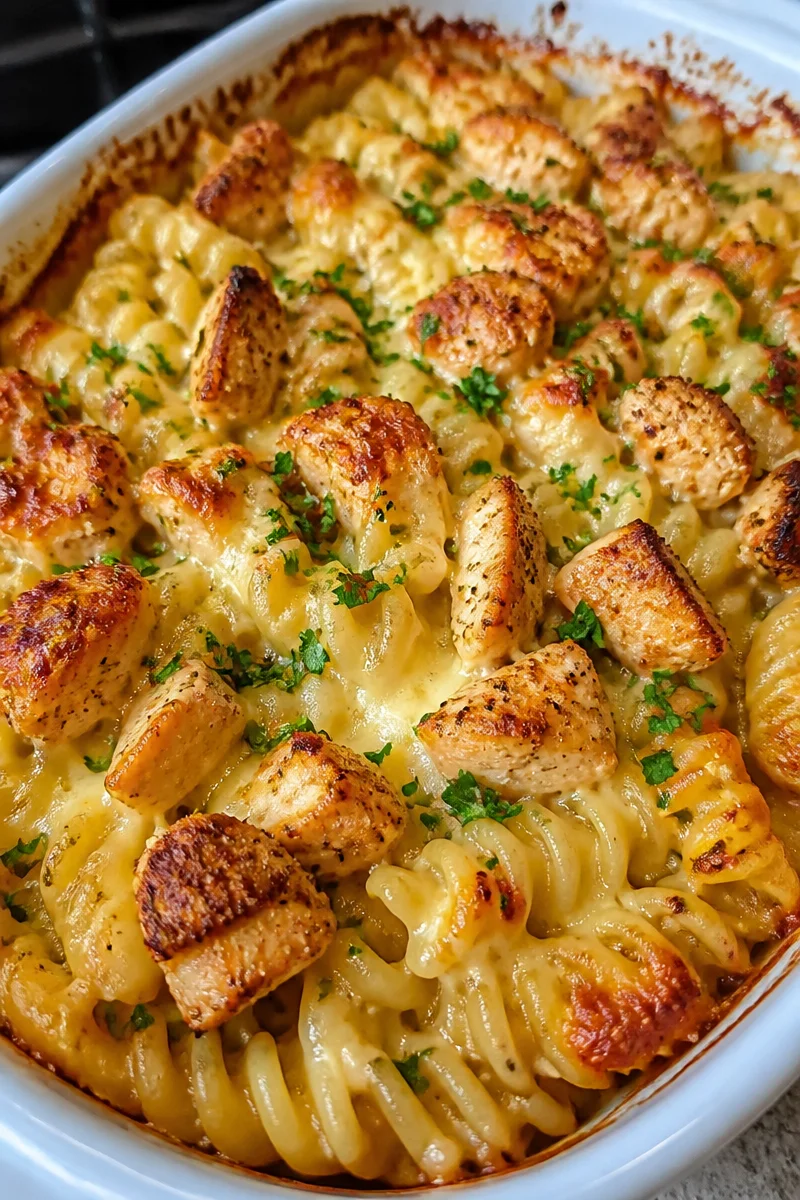 Knuspriger Nudel-Hähnchen-Auflauf mit Knoblauch und Parmesan