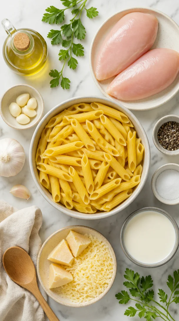 Knuspriger Nudel-Hähnchen-Auflauf mit Knoblauch und Parmesan