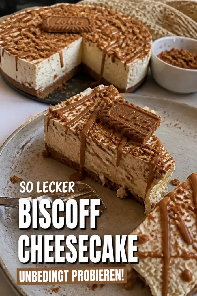 Biscoff Cheesecake No Bake auf einem Teller mit Karamell-Dekoration