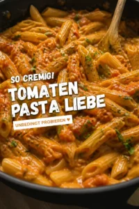Cremige Pasta mit würziger Tomatensoße auf einem Teller serviert