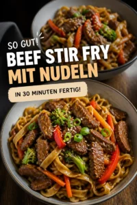 Schüssel mit einem einfachen 30-Minuten Rindfleisch-Stir Fry mit Nudeln