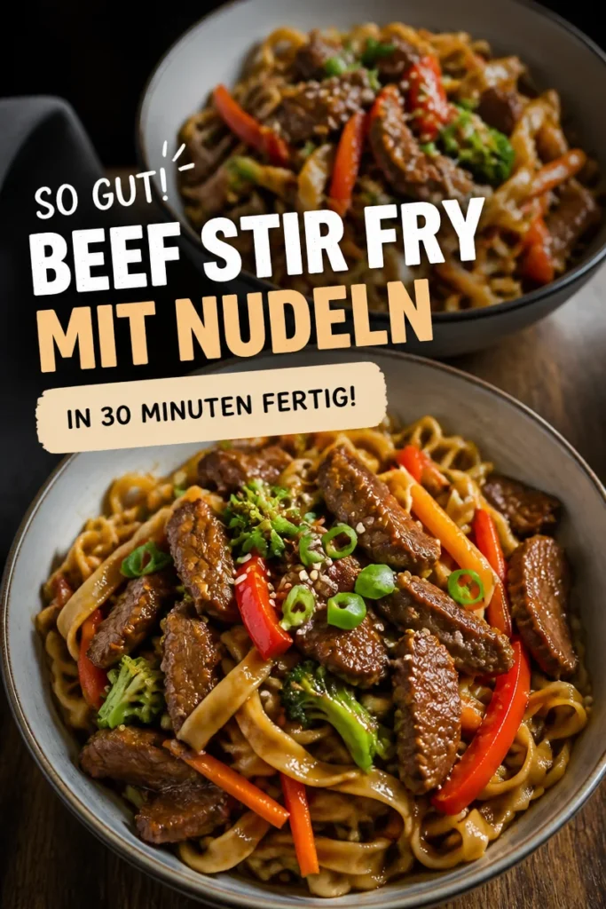 Schüssel mit einem einfachen 30-Minuten Rindfleisch-Stir Fry mit Nudeln